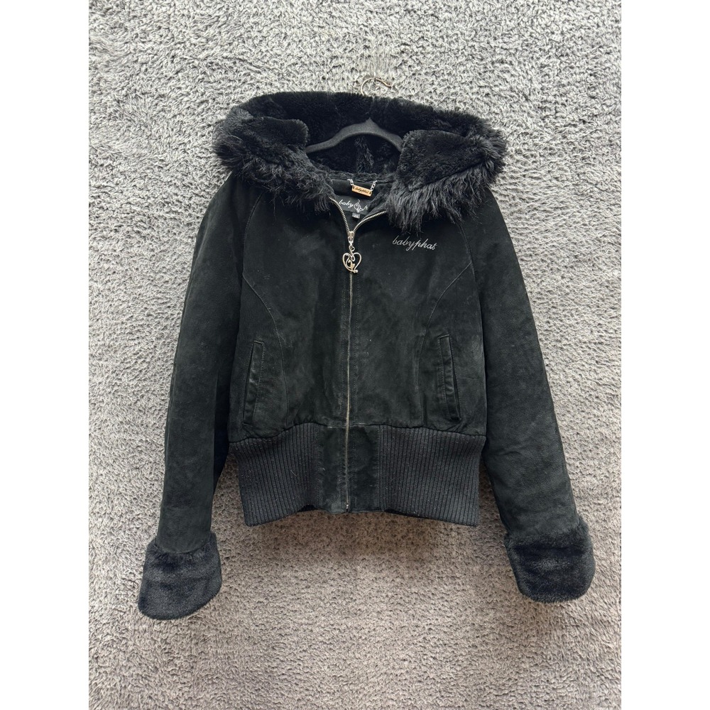 Y2k Baby Phat Genuine Suede Leather Faux Fur Hooded Jacket Black Womens Size 3XL